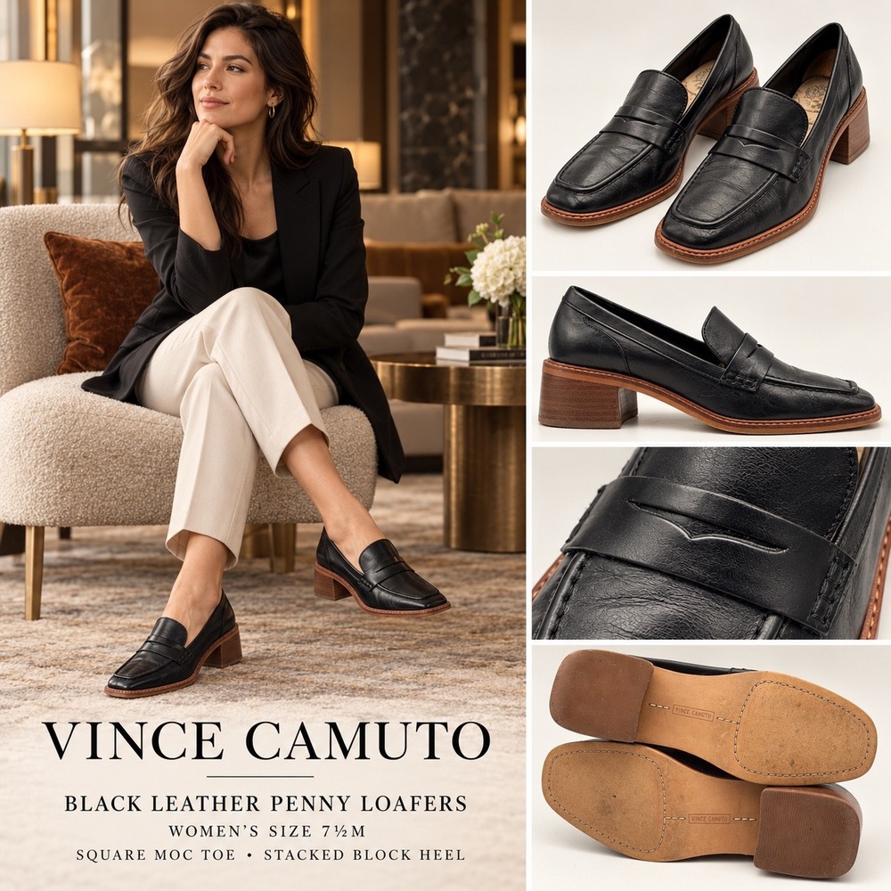 Vince Camuto Eckinti Black Leather Square Toe Penny Loafers Block Heel 7.5 M